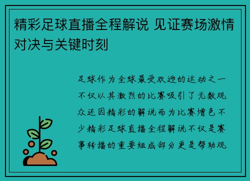 精彩足球直播全程解说 见证赛场激情对决与关键时刻
